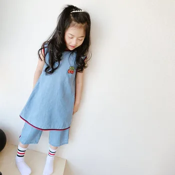 

Girls' suit 2020 spring Girl's cotton embroidered sleeveless denim dress solid jeans dress+pants