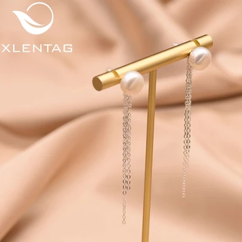 

XlentAg Natural White Pearl Drop Tassel Earrings Simple Women Engagement Gifts Huggie Earings Vintage Silver 925 Jewrlry GE0852B