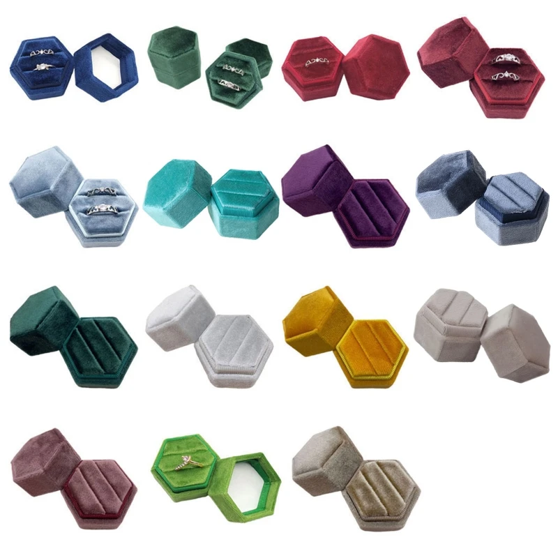 

Velvet Double Ring Box Hexagon Wedding Ceremony Ring Box with Detachable Lid