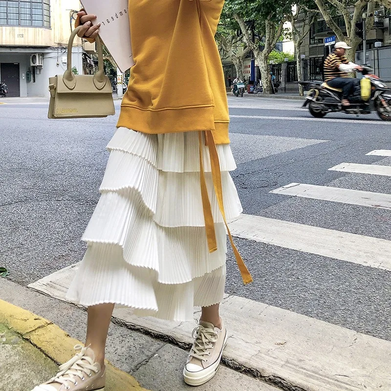 

2019 Spring New Style Gauze Cake Dress Women's Elastic Waist Princess Dress Korean-style Slimming Mid-length High Waist Skirt