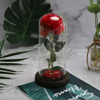 

Beauty and the Beast Rose Red Rose in a Glass Dome with A Wooden Base for Valentine's Gifts Wedding Birthday Christmas