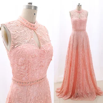 

MACloth Peach A-Line High Neck Floor-Length Long Beading Lace Prom Dresses Dress M 267850 Clearance