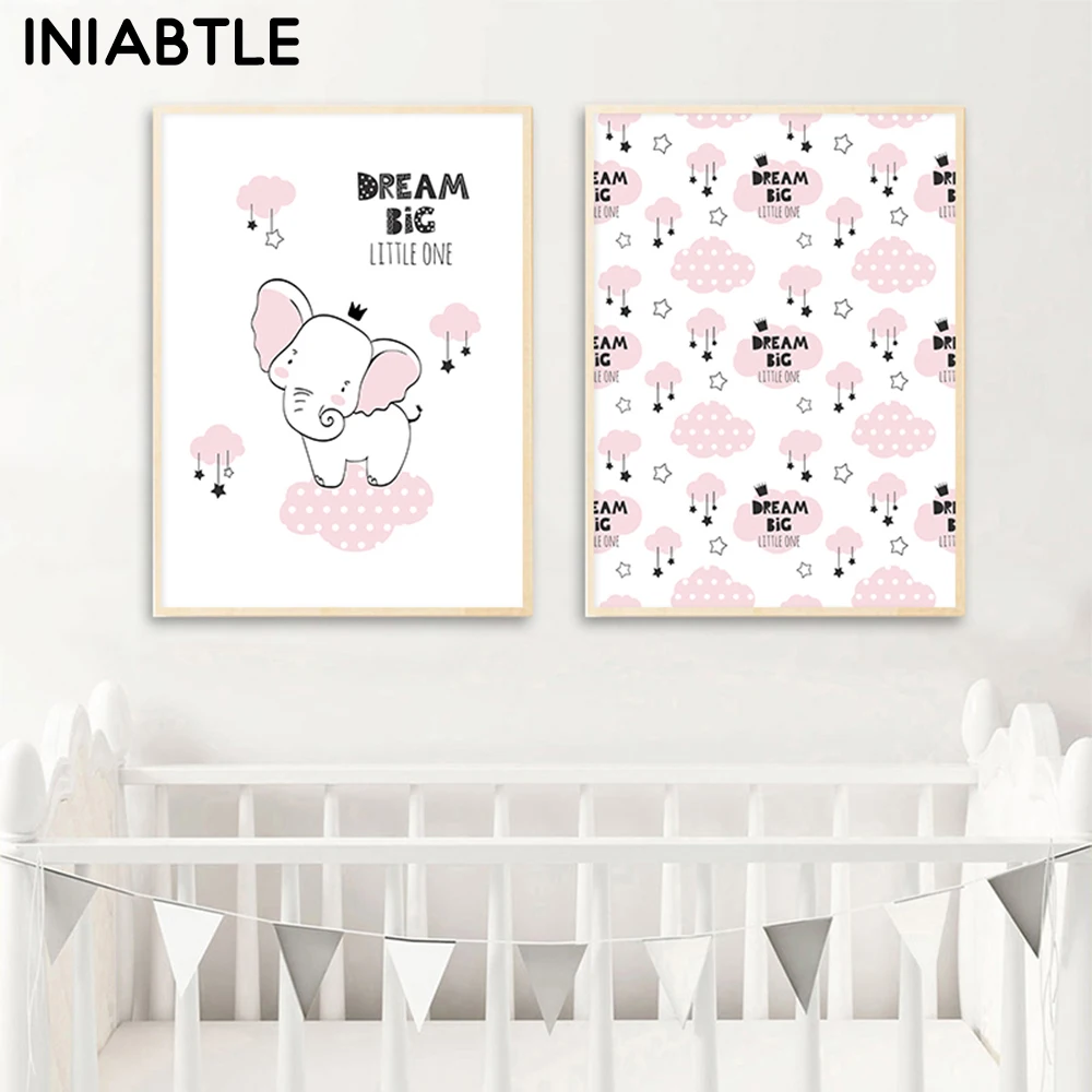 

Baby Girl Nursery Wall Art Elephant Dream Big Cloud Stars Canvas Poster Print Painting Nordic Decoration Picture Kids Room Decor