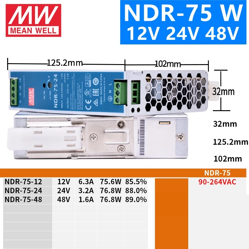 MEAN WELL NDR-75 120 240 480 12V 24V 48V meanwell NDR-75-120-240-480 W 12 24 48 V Single Output Industrial DIN Rail