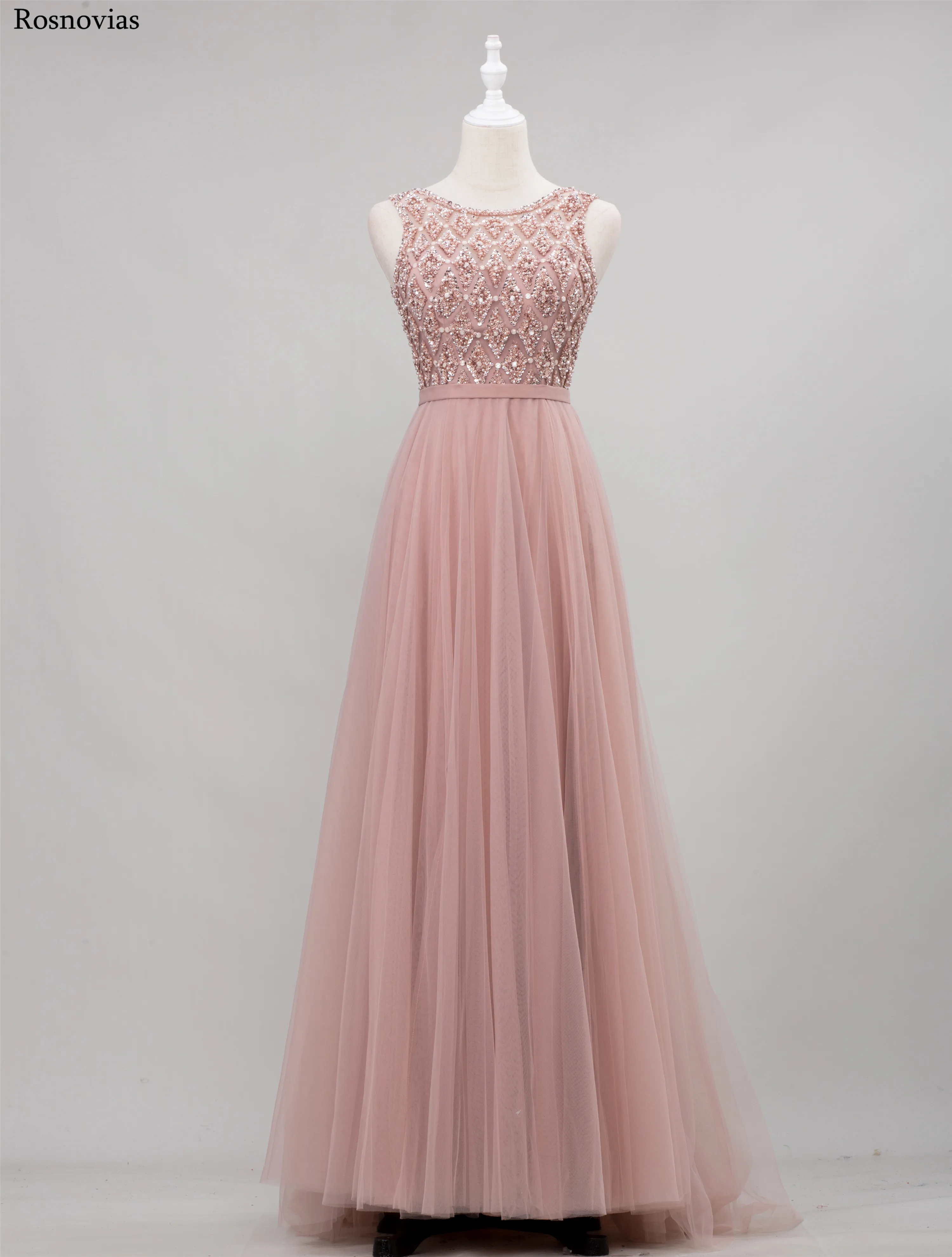 

Pink Prom Dresses 2020 Jewel Sweep Train Appliques Beaded Zipper Back A Line Tulle Evening Party Dresses Formal Gowns Customized