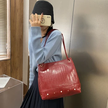 

Vintage Alligator Pattern Large Capacity Soft Shoulder Bag Women Office Ladies Big Work Handbags Luxury PU Leather Tote Bags