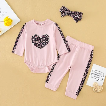 

Menoea Girls Autumn Romper Suits 2020 Ins Children's Clothing Sets Long Sleeve Romper Leopard Print Pants Hairband 3pcs Suits