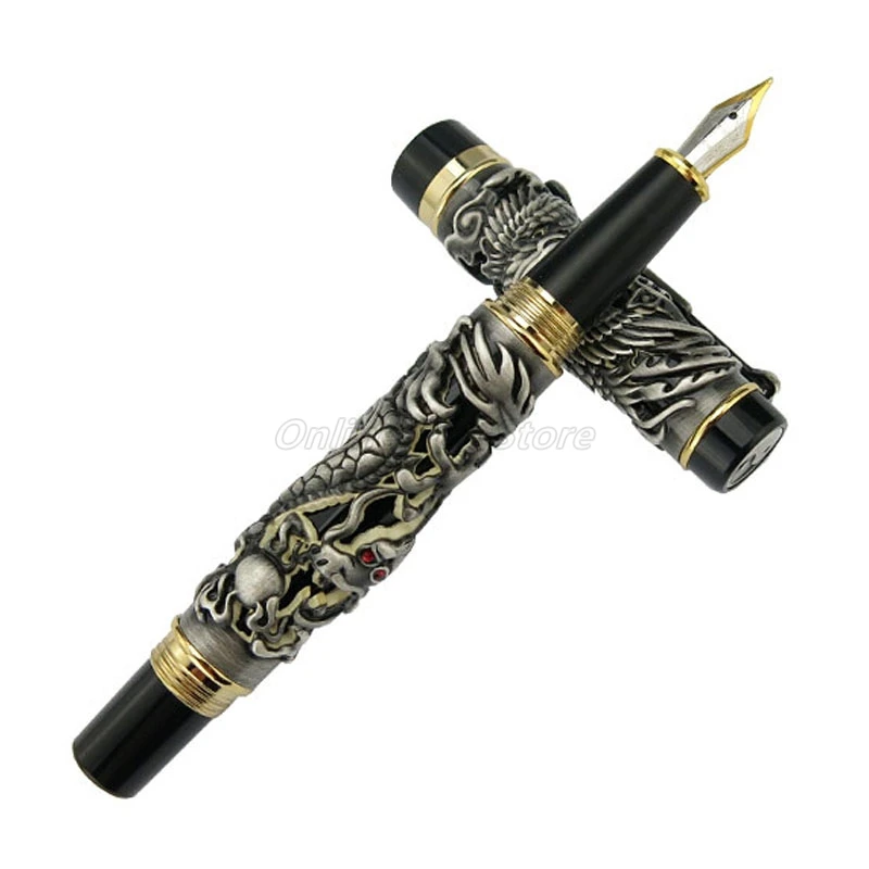 Jinhao Vintage Metal Ancient Silver Dragon And Phoenix Carving Embossing Medium Nib Heavy Fountain Pen Noble Office School