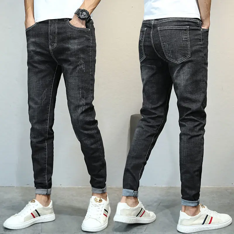 

New style men's straight slim blue jeans high quality scratches stretch pants Korean sexy casual jeans black long pants;