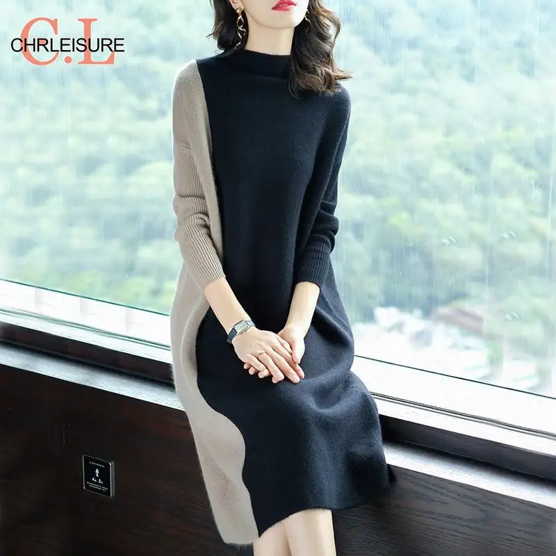 

CHRLEISURE Winter Sweater Dress Plus Size Women Patchwork Black Dresses Casual Vintage Midi Dress Fall Dresses For Women