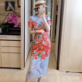 

AELESEEN Runway Fashion Women Dress 2020 High Quality Sexy Bodycon Dress Lace Flower Print Blue Long Party Holiday Dress