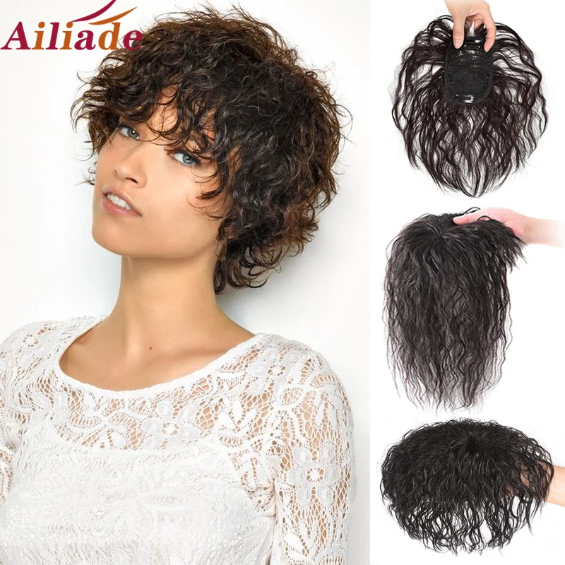 Closure-Clip Hair-Extensions Human-Hair Brown Real-Topper AILIADE Natural Women Wig Black