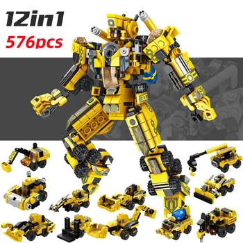 

576PCS Building Bricks City Project Mecha 12in1 Building Blocks Engineering Car Stacking Toys Mixer Truck Crane Car Fun Gifts