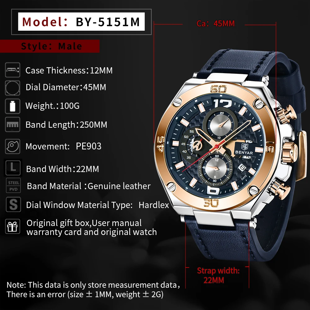 Benyar New Quartz Men Watches Multifunction Sport Chronograph Watch Men Top Luxury Brand Wri-2