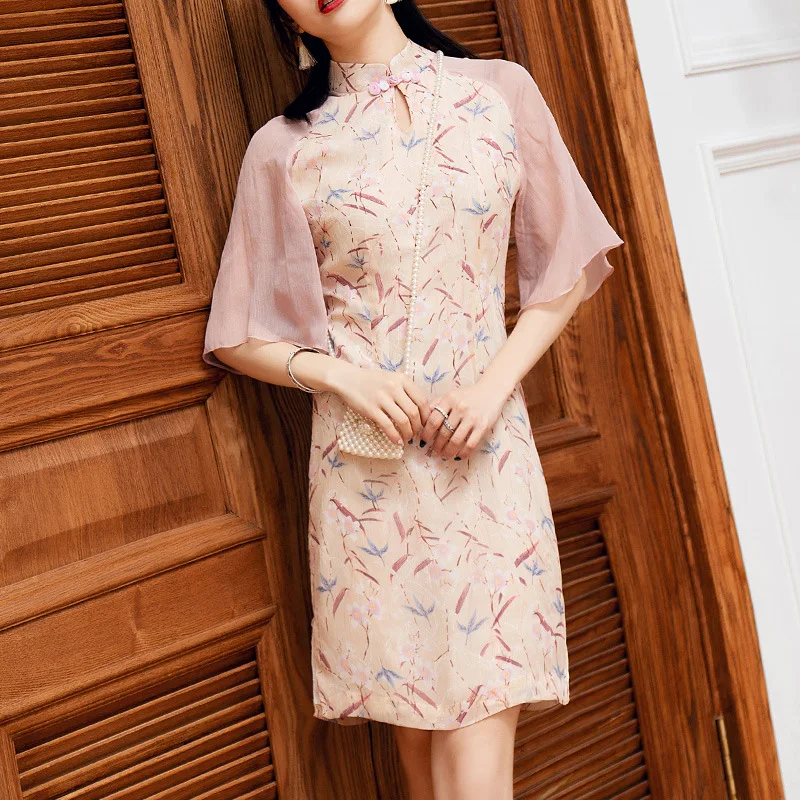 Manufacturers Direct Selling New GIRL'S Cheongsam Summer New Style Chiffon Young Printed Modified Version of Short 19303