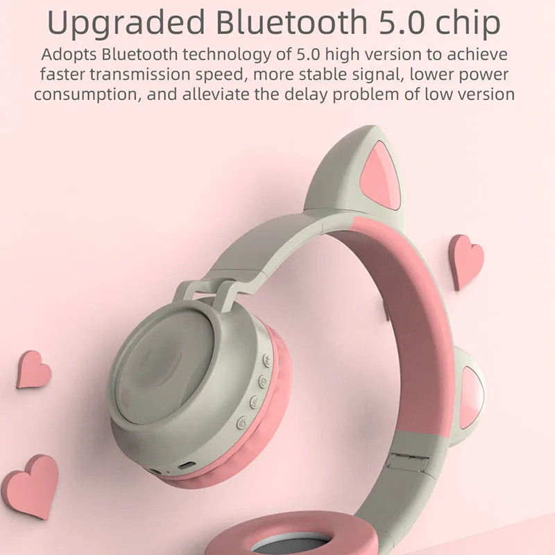 Kids Bluetooth 5 0 Cat Ear Headphones Foldable On Ear Stereo Wireless Headset with LED Light Pink 