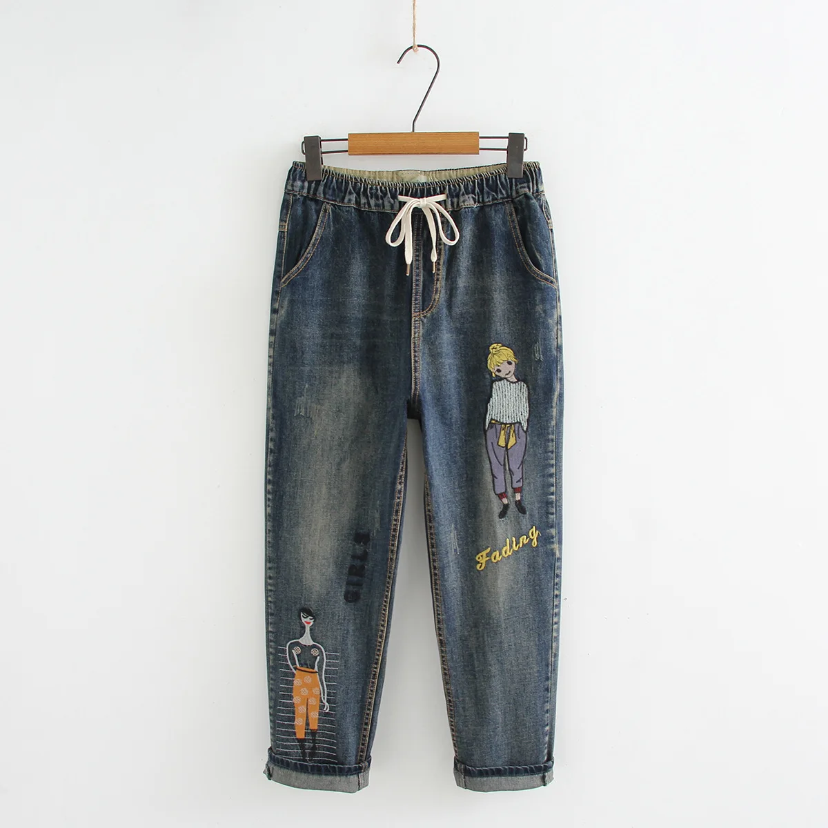 

Embroidery Trousers Elastic Waist Drawstring Washed Hole Ripped Jeans For Women Pants Female National Style Cartoon Fashion