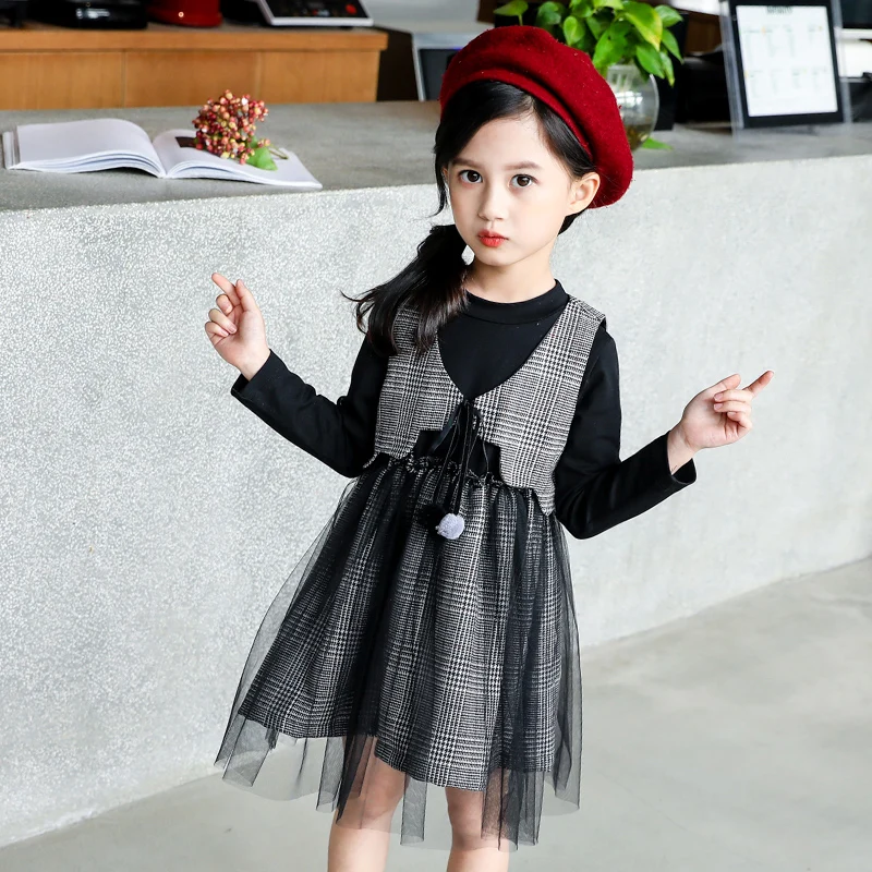 

Spring Big Girls Dresses With Plaid Vest Teenage Girl Tulle Dress With Ball Vestes Kids Clothing 6 8 10 12 14Year