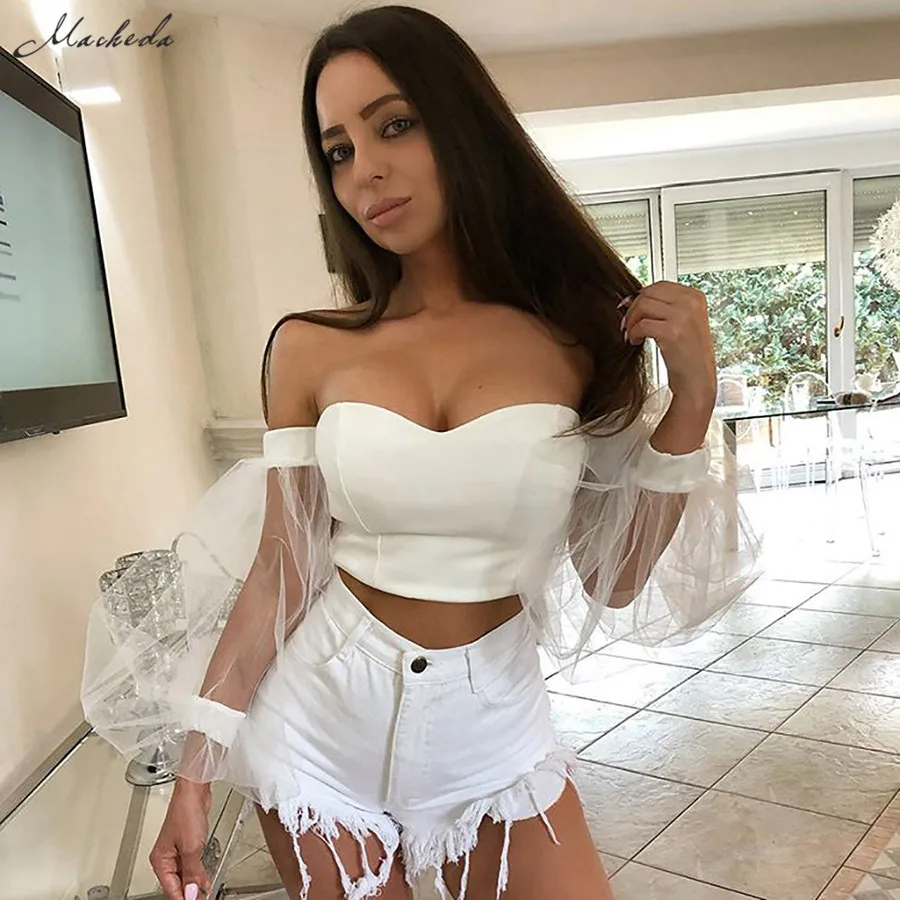 

Macheda Sexy Mesh See-Through Long Sleeve Crop Tops Womens Solid Slim Club Party Slash Neck T shirt Lady Casual Tee 2019 New