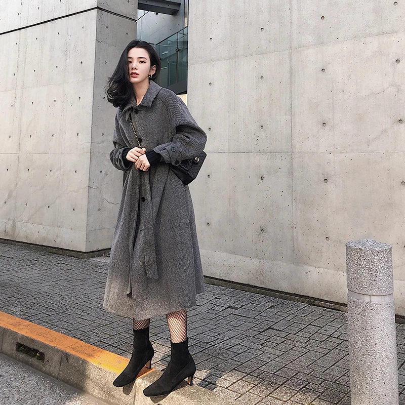 Осень-зима, новое модное корейское ретро пальто в елочку, Длинное свободное шерстяное пальто с завязками для женщин, большие размеры, женские зимние пальто