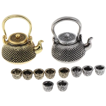 

1: 12 Dollhouse Furniture Miniature Dining Ware 6 Pcs Metal Tea Set Teapot Cup kid gift
