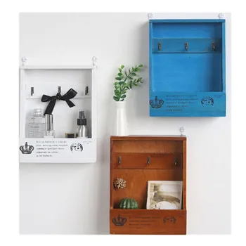 

Modern Decorative Shelve Mailbox Wall Shelf Wood Hanging Key Storage Holder Home Door Decoration Brown Blue