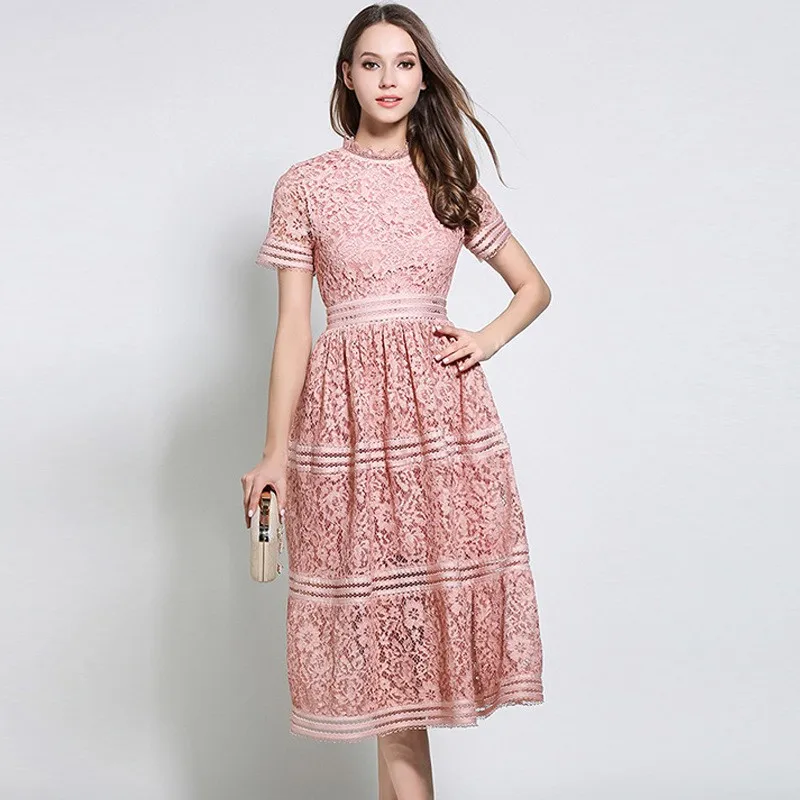 Новое подиумное высококачественное самопортретное женское элегантное тонкое платье винтажное открытое кружевное ТРАПЕЦИЕВИДНОЕ платья средней длины Халат - Цвет: Розовый