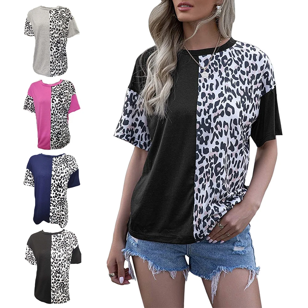 

Women Blouse Fashion Summer Tops Leopard Printed Stitching O-neck Short Sleeve T-shirt Loose Casual Tops Women
