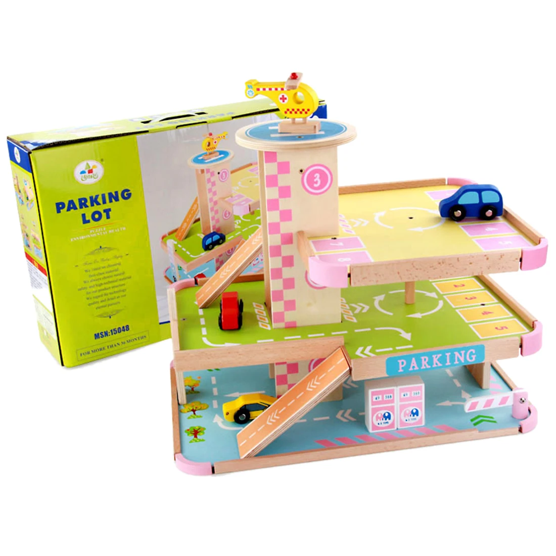 

Children Multi-layer Wooden Garage Assembled Toy Model Set Car Parking Garage Toy with 3 Car and 1 Helicopter Christmas Gift Toy