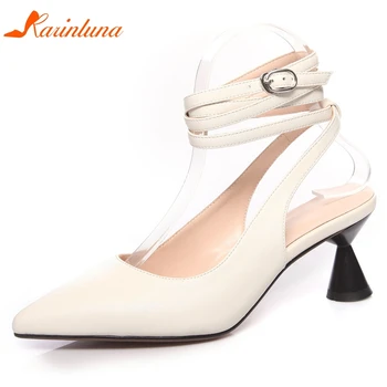 

Karinluna New Arrivals 2020 Genuine Leather Strange Style Summer Sandals Woman Shoes Buckle Strap Pointed Toe Concise Sandals