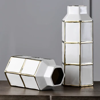 

Modern Gold Lines Depicting Six Sided Ceramic Flowers Vase For Home Living Room Dining Table Countertop Flower Basin Decoration