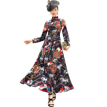 

2020 Spring Chiffon Ethnic Style Long Dress High Quality Ankle-Length Women Runway Dress Vintage DZ1143