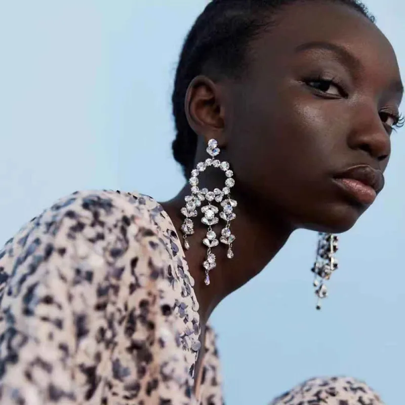 

New Rhinestone Tassel Earrings For Women Fashion ZA Earrings Party Wedding Statement Jewelry Bridal Ear Accessory Gift E66471