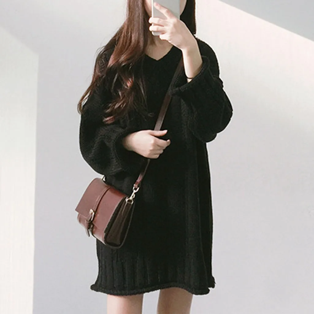 

JAYCOSIN Autumn Winter V-neck Loose Knitted Sweater Dress Women Solid Mini Long Sleeves Pullovers Knitting Jumper dresses 923W