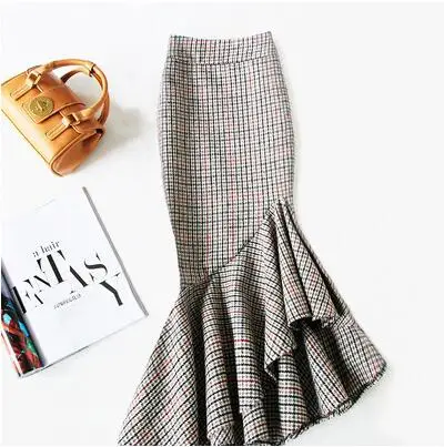 plus size 4XL!Irregular fishtail skirt high waist women winter package hip black white plaid woolen skirt office lady TB3742 - Цвет: picture long style