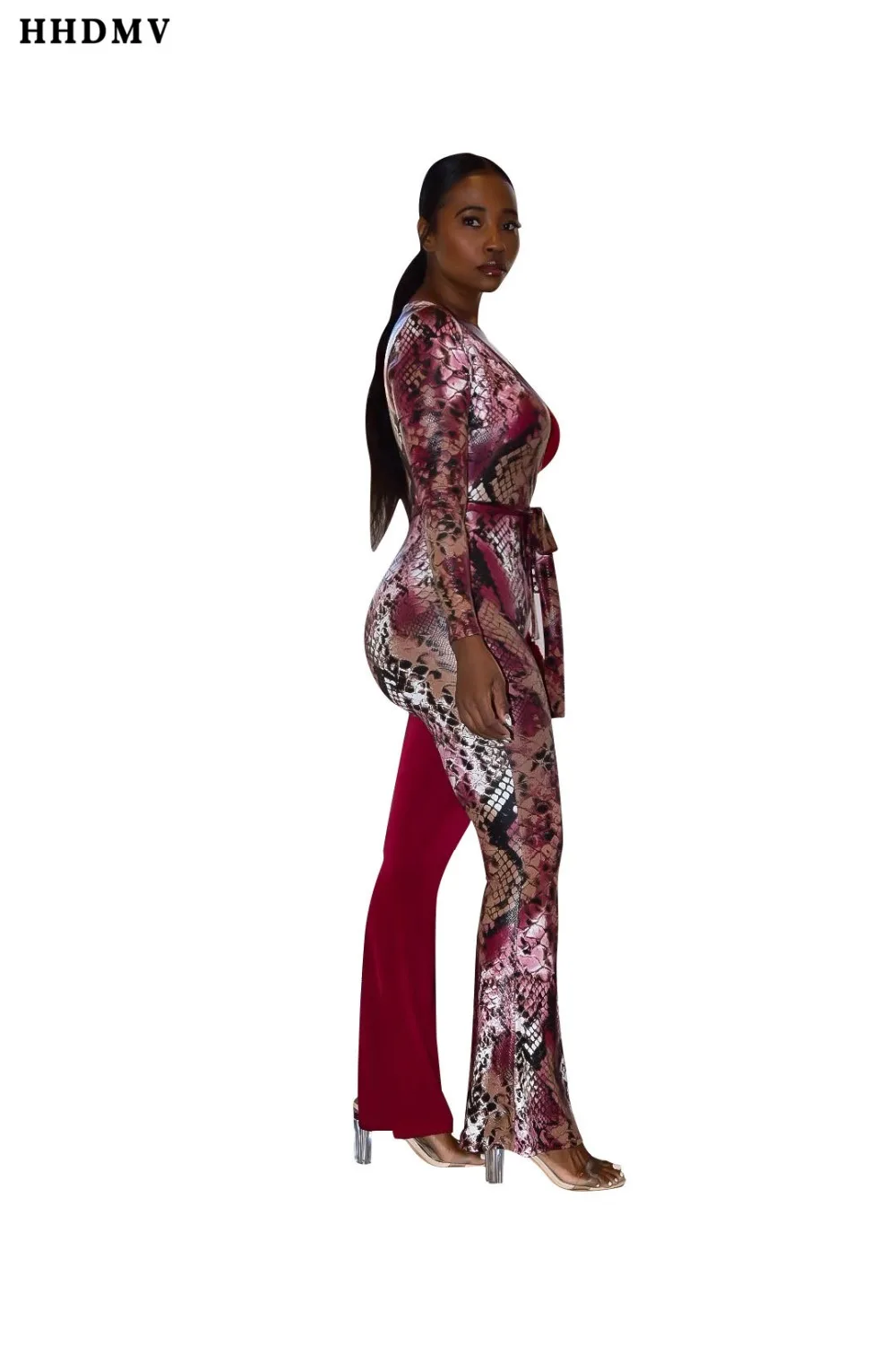 HHDMV LBXZ6182 tribal peoples style jumpsuits long sleeve deep v sashes sneke grain 2 color tight jumpsuits long pants