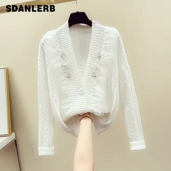 

Sweet Cardigan for Women 2019 Korean Fairy Sweater V Collar Sequins Stitched Lace Knitted Sweater Blusas Female Coat