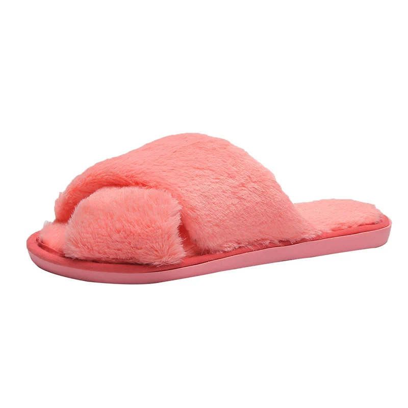 Lucyever; зимняя домашняя обувь; женские домашние тапочки; теплые женские Мягкие плюшевые удобные шлепанцы на плоской подошве с открытым носком - Цвет: watermelonred