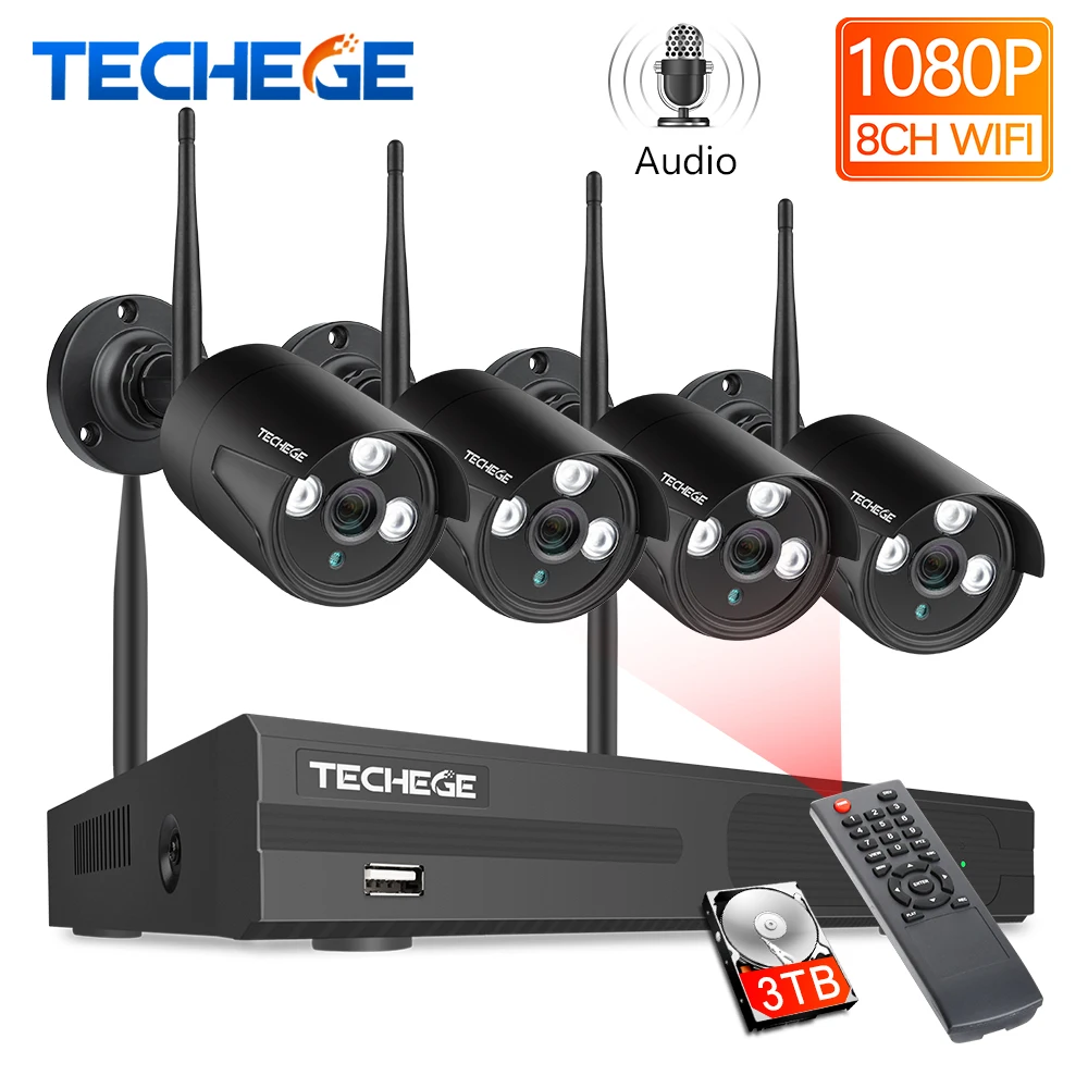 Techege 8CH Беспроводная CCTV система 1080P 4 шт. 2MP камера наружная Водонепроницаемая IP