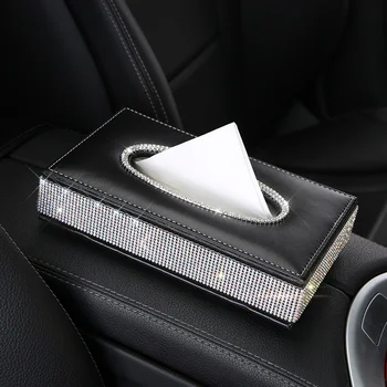 

Crystal Rhinestone Car Tissue Case Box PU Leather Auto Armrest Box Block Type Paper Towel Storage Covers Bag Organizers