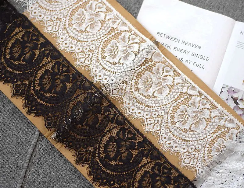 

6meters Thick feeling White Black Floral Embroidered Eyelash Lace Ribbon for Garment Decoration and DIY Craft Lace Trimming