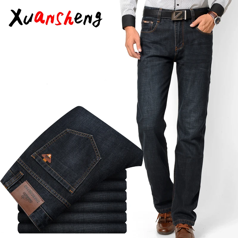 Cena Xuan Sheng szerokie nogawki męskie dżinsy 2019 wysokiej talii stretch luźne proste marki niebieski czarny klasyczne długie spodnie odzież dżinsy