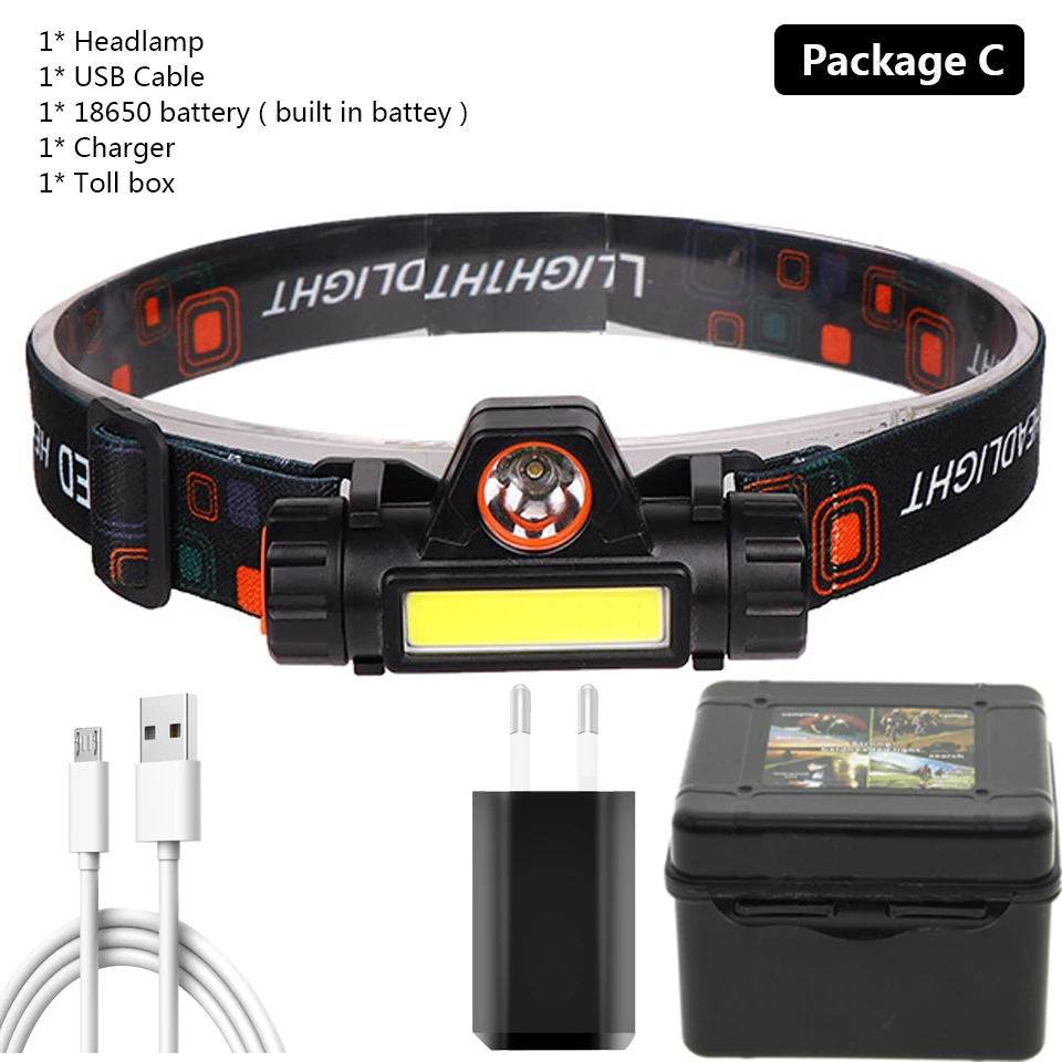 Package C XP-G Q5 встроенный 18650 аккумулятор светодиодный налобный фонарь COB рабочий светильник 2 светильник режим с магнитом водонепроницаемый головной светильник Головной фонарь вспышка светильник - Испускаемый цвет: Package C