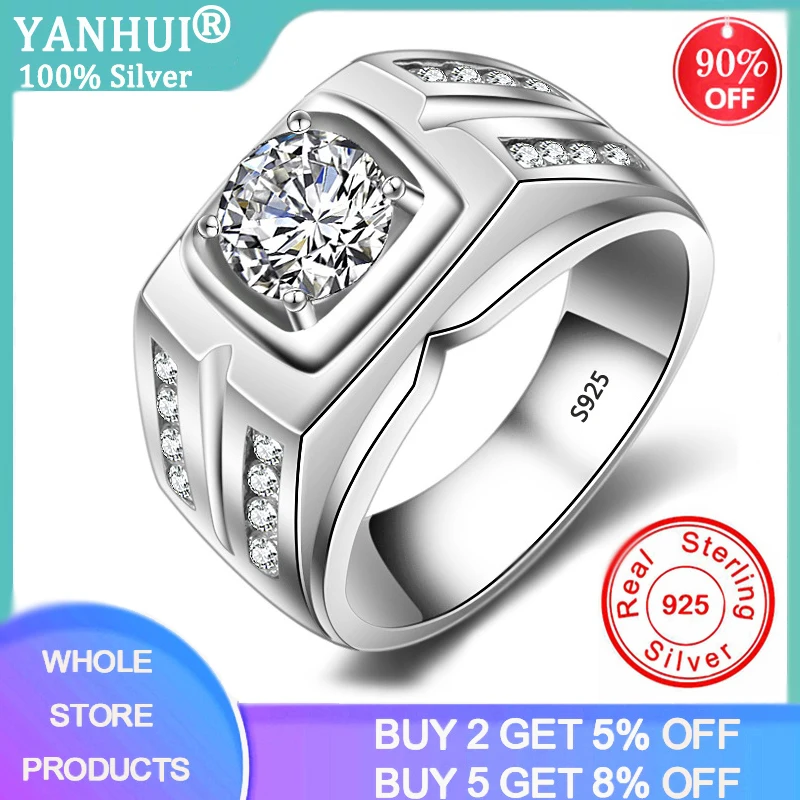 

YANHUI With Certificate European Fashion Man Party Wedding Gift 1ct Cubic Zircon 925 Sterling Silver Rings for Men MJZ004