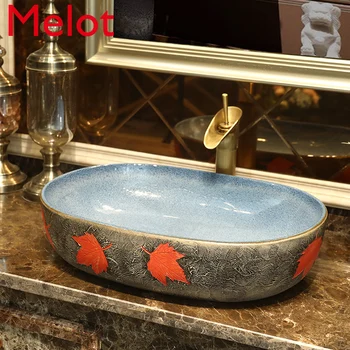 

Ceramic Basin Bathroom Home Washbasin Balcony Carved Red Maple Leaf Art Basin Table Basin
