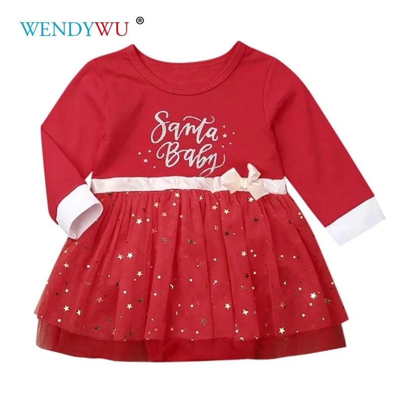 WENDYWU/летнее платье для новорожденных девочек; комбинезон с надписью; рождественское Сетчатое платье в горошек; roupas infantis menina vestido infantil