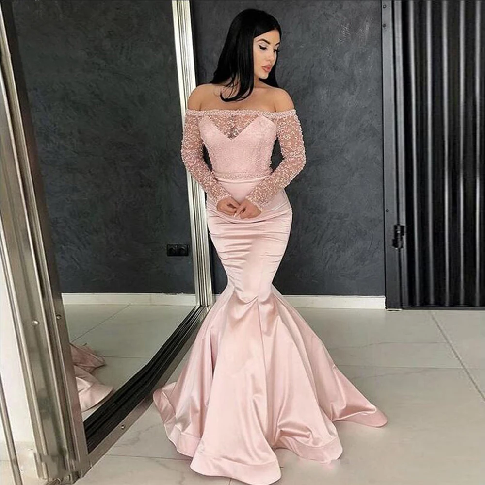 Eightree Off The Shoulder Mermaid Prom Dresses 2020 New Pink Beading Long Sleeve Floor Length Formal Evening Dress Party Gowns