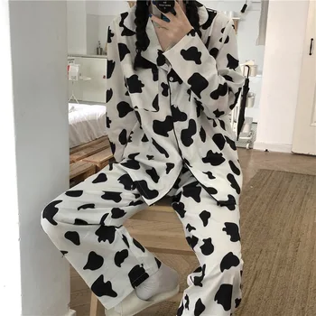 

2020 New Cow Female Home Suit Lapel Casual Cute Comfortable Thickening Pajamas Home Clothes Two-piece Suit Pjamas for Women