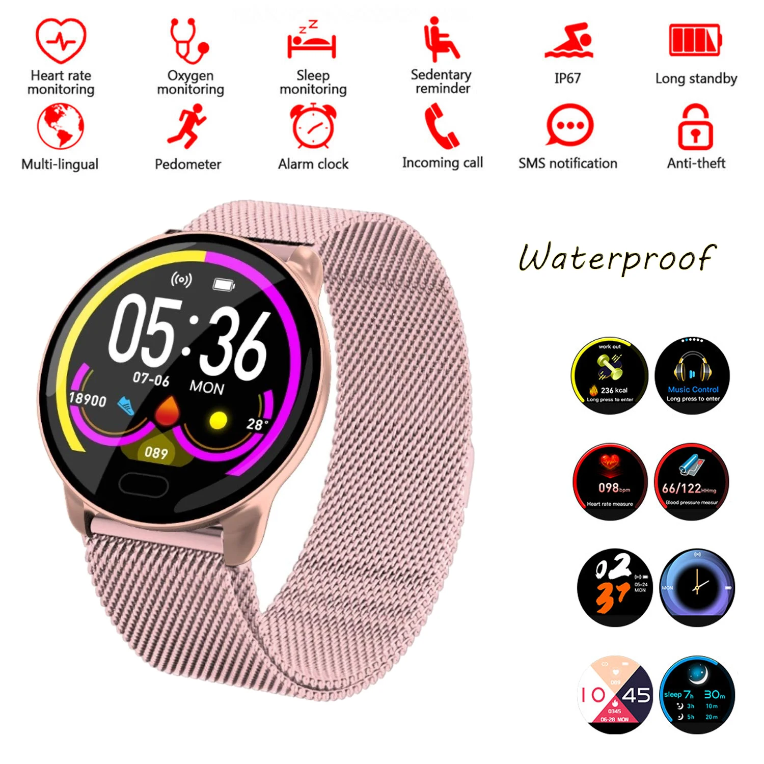 

Fashion Sport Smart Watches for Women Multi-Function Fitness Tracker IP67 Waterproof Bluetooth Smartwatch Best Gift for Girls