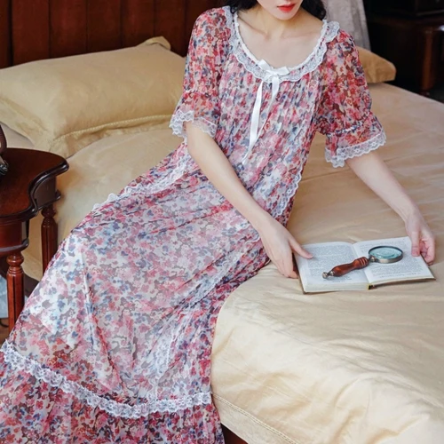 꽃 프린트 나이트 드레스 여성 모달 메쉬 레이스 롱 Peignoir Princess Sleepwear 로맨틱 나이트 가운 Vintage Victorian Nightie 5